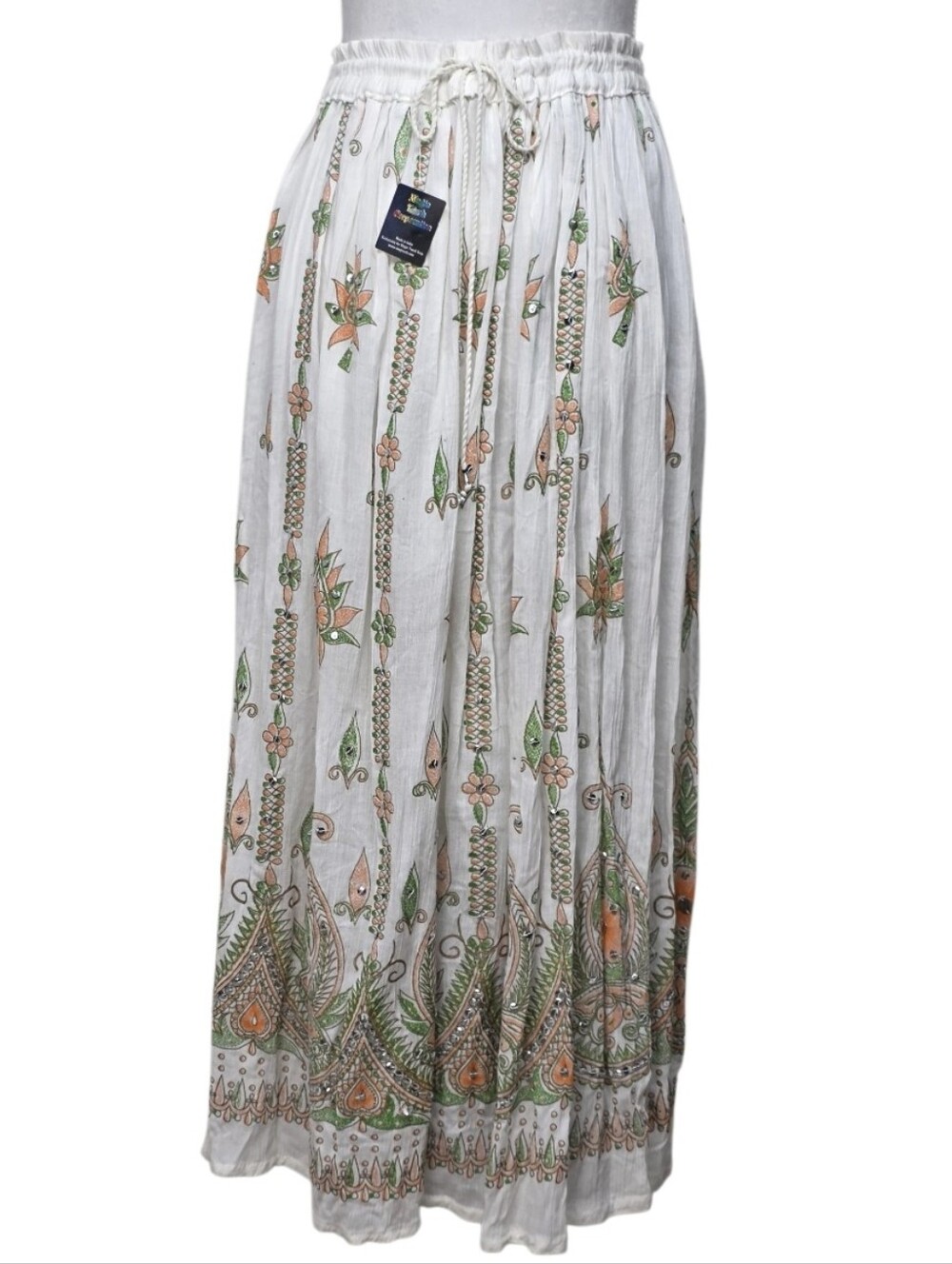 Bollywood, Boho, Bohemian White Flowy Floral Print Elastic-Waist Maxi Skirt
